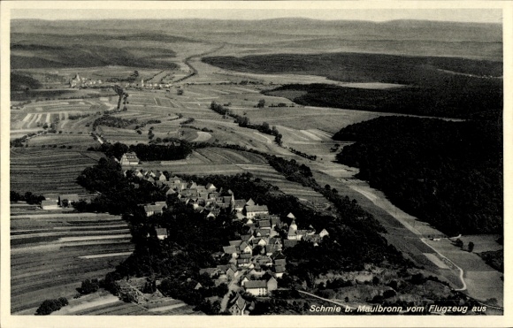 Postcard Schmie Maulbronn in the Enzkreis, aerial view of Schmie, fields, landscape
