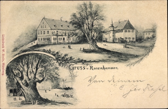 Chromo-Litho Rosenhammer Weidenberg Upper Franconia, tree, partial view, inn