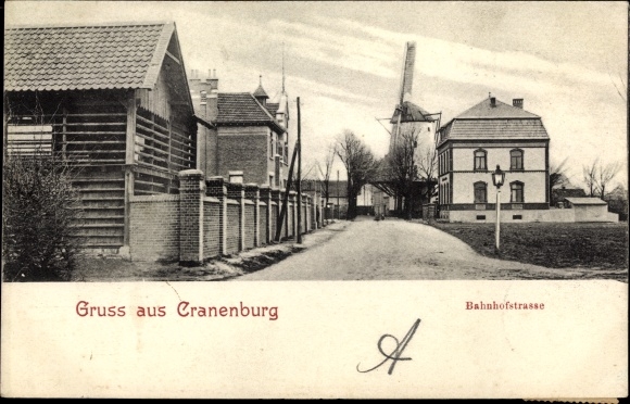 Postcard Kranenburg am Niederrhein, Bahnhofstrasse, windmill