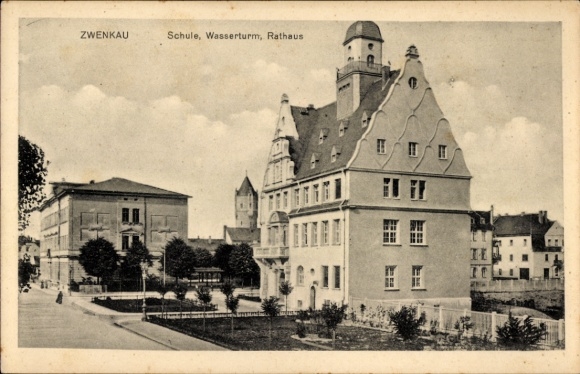 Postcard Zwenkau in Saxony, school, water tower, town hall