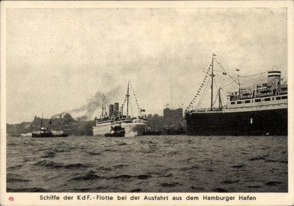 Postcard ships of the KdF fleet leaving the port of Hamburg, Reichstag 1937