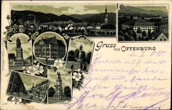 PC Offenburg in Baden-Black Forest, front with city views, monuments, flowers, greetings from...