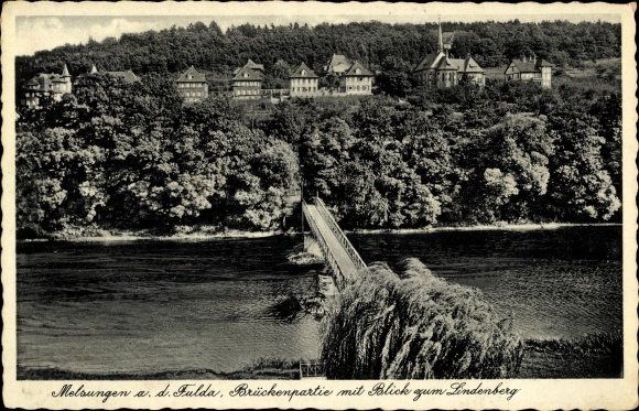 Postcard Melsungen in Hesse, bridge section with a view of the Lindenberg