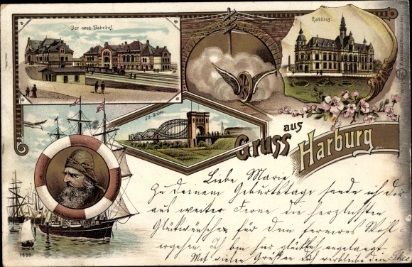 Chromo-Litho Hamburg Harburg, new train station, town hall, Elbe bridge