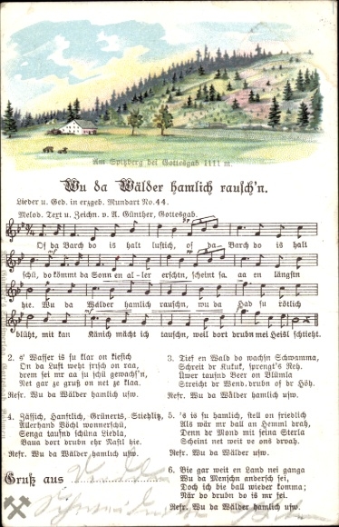 Song Postcard Günther, Anton, Wu da Wälder hamlich rausch'n, Erzgebirge dialect No. 30, Spitzberg