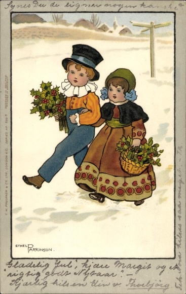 Artist Chromo-Litho Parkinson, Ethel, Boy and Girl with Holly Branches