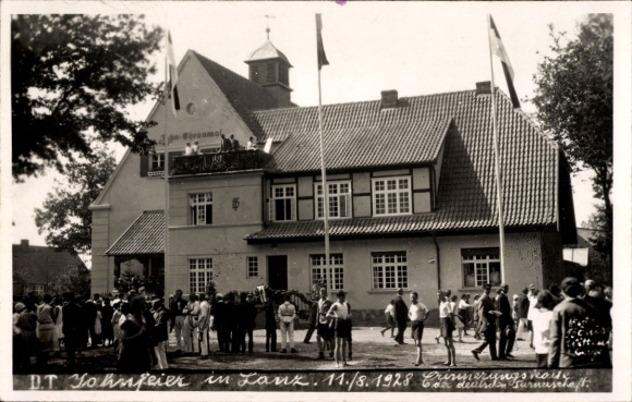 Postcard Lanz in der Prignitz, Jahn celebration 11.08.1928, Memorial House, Jahn Memorial, German Gymnastics Association