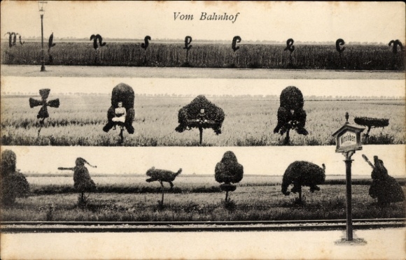Postcard Minzleben Wernigerode am Harz, figures and armchairs made of trees, garden art