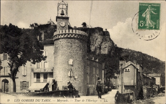 KP Meyrueis Lozère, zegar historyczny, kamienna wieża, Gorges du Tarn, stempel pocztowy