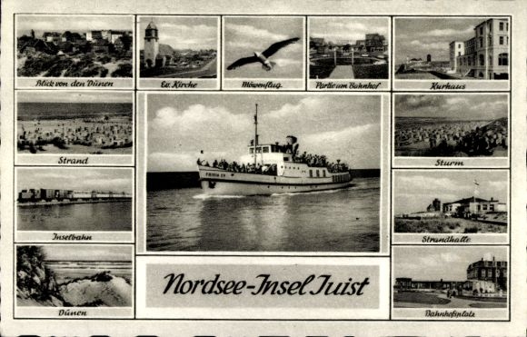 Postcard North Sea resort Juist in East Frisia, church, beach, island railway, dunes, beach hall, steamer, spa house