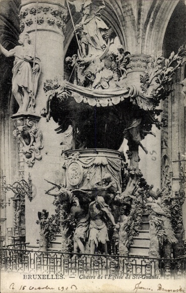 Postcard Bruxelles Brussels, pulpit of the church of St. Gudule, statue, decoration