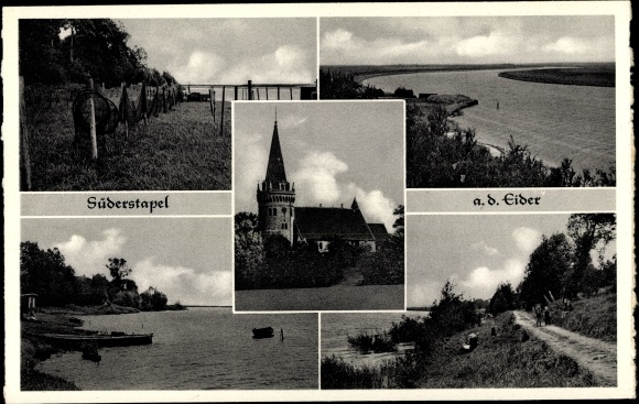Ak Süderstapel Stack Sleeswijk-Holstein, kerk, Eiderblick, visnetten