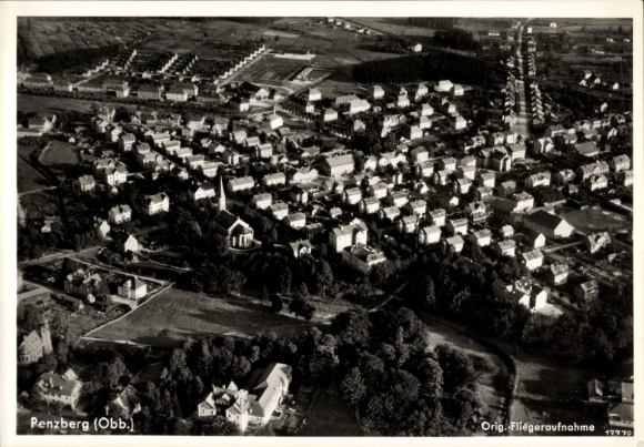 Postcard Penzberg in Upper Bavaria, aerial view of houses, church, rural surroundings