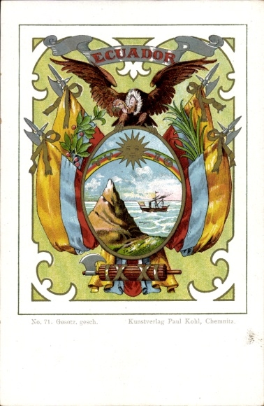 Coat of arms Chromo-Litho Ecuador, vulture, sun, rainbow, flags, fascis, Verlag Paul Kohl Chemnitz No. 71