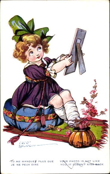 Artist Postcard Spurgin, F., Girl Admiring a portrait