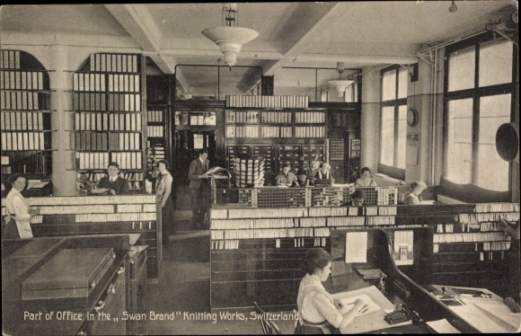 Postcard Bern Stadt Schweiz, Swan Brand Knitting Works, Office, Strickereifabrik Fritz Ryff, Büros