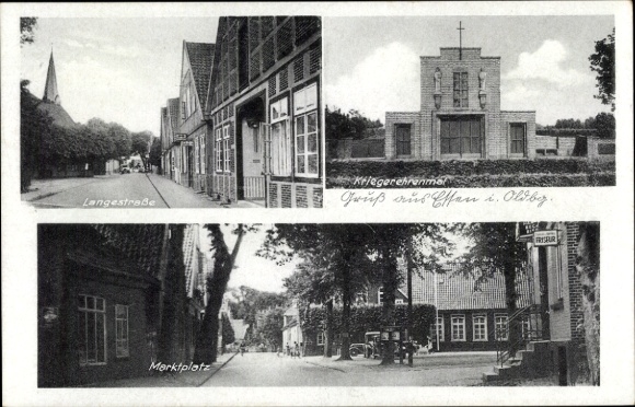 Ak Essen in Oldenburg, krijgersmonument, marktplein, Langestrasse, kapper