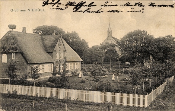 Postcard Niebüll in North Friesland, view of house with garden, church
