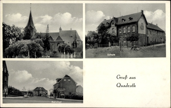 Postcard Quadrath Ichendorf Bergheim an der Erft, school, church, train station