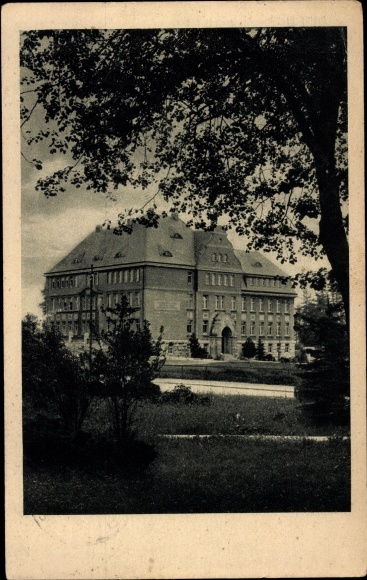 Postcard Schneeberg in the Erzgebirge, drawing school for textiles, state lace pattern school