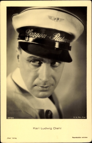 Postcard actor Karl Ludwig Diehl, portrait, Ross Verlag 8516 1, uniform cap wagon restaurant