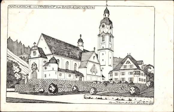 Künstler Ak Bayerisch Eisenstein im Kreis Regen Niederbayern, Kirche, Pfarrhof, Architekt H. Schurr