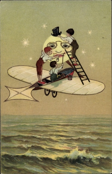 Postcard moon over the sea, moon face, children on plane, top hat, pipe