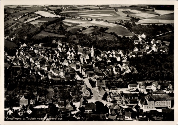 Postcard Creglingen an der Tauber, aerial photograph, city view, many roofs, landscape, church