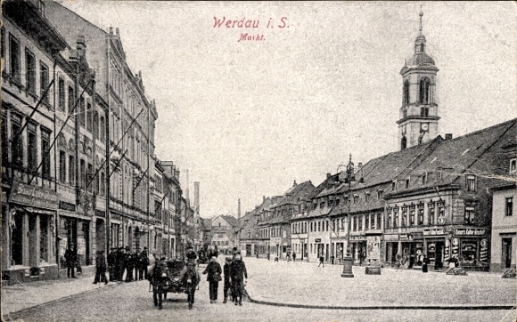Postcard Werdau in Saxony, market, shops, donkey cart