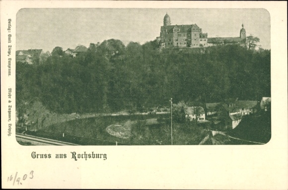 Postcard Rochsburg Lunzenau in Saxony, castle on a hill, river in the foreground, houses