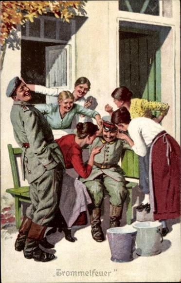 Artist Postcard Always Expert, Military Terms No. 4, Drum Fire, Soldiers