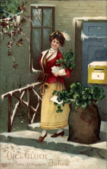 Embossed Chromo-Litho Happy New Year, woman next to a sack with clover leaves, EAS