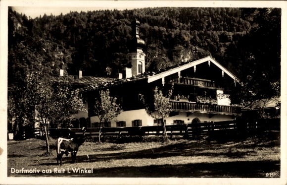 Postcard Reit im Winkl Upper Bavaria, building, tower, cow