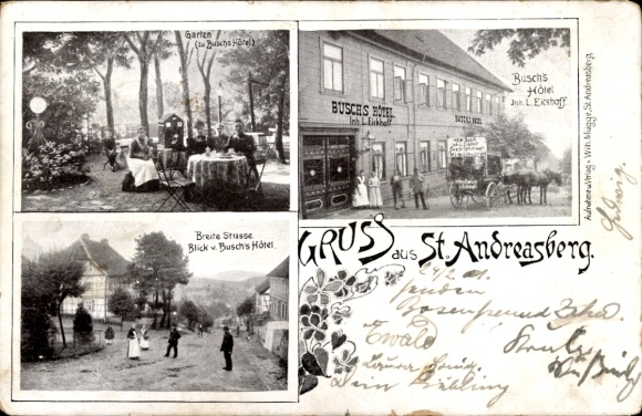 KP St. Andreasberg Braunlage w Harzu, Oderteich, ogród, Busch's Hotel, Breite Straße, nostalgiczny