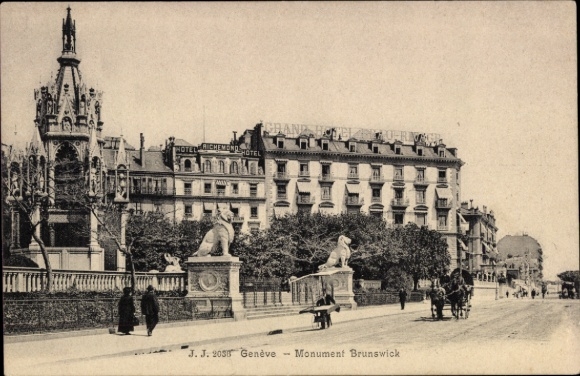 KP Genewa Miasto Szwajcaria, Pomnik Brunszwik, Hotel, Widok ulicy, Powóz konny, Ludzie