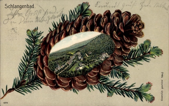 Embossed pine cone litho Schlangenbad in Taunus Hessen, general view