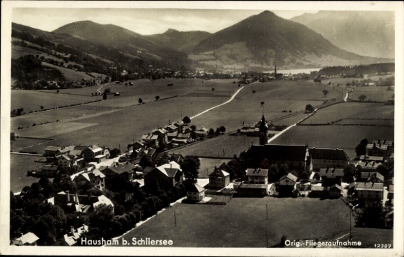 Postcard Hausham in Upper Bavaria, landscape photograph, village architecture, church, mountains