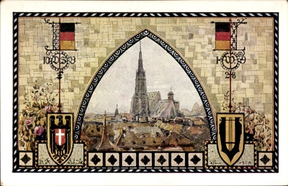 Coat of arms Postcard Vienna I, 10th German Singers' Festival 1928, St. Stephen's Cathedral