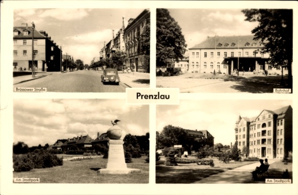Postcard Prenzlau in the Uckermark, Brüssower Straße, train station, Am Stadtpark, black and white photography