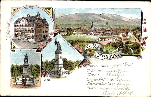 Chromo-Litho Offenburg in the Black Forest, Town Hall, Drake Monument, War Memorial, general view