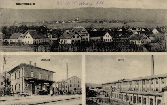 Postcard Bäumenheim in Swabia, general view, train station, factory