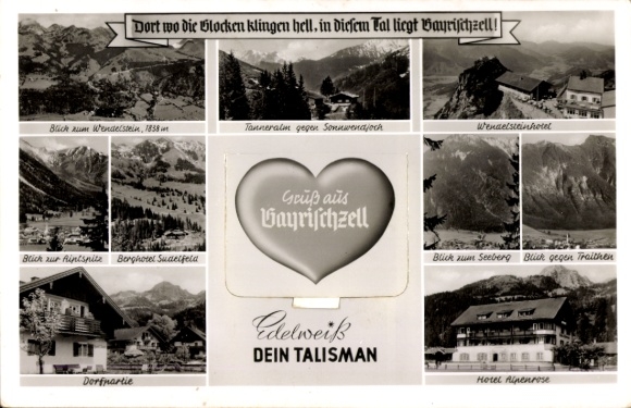 Postcard Bayrischzell in the Mangfall Mountains Upper Bavaria, Wendelstein Hotel, Hotel Alpenrose, Dorfpartie