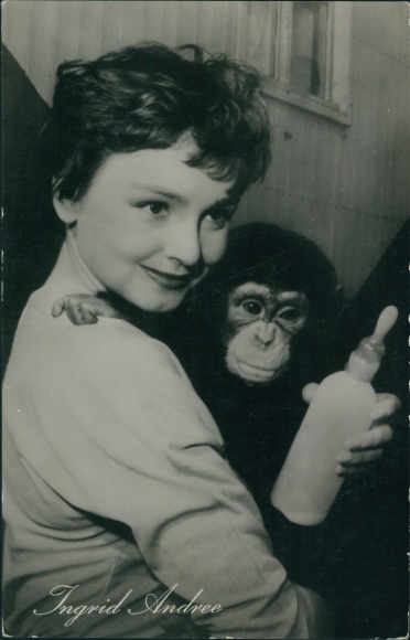 Postcard actress Ingrid Andree, portrait, monkey, baby bottle, three from variety