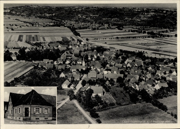 Postcard Oberrimsingen Breisach am Oberrhein, aerial photograph, colonial goods by A. Ott