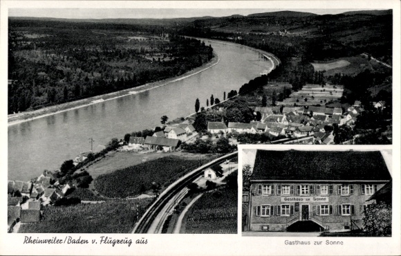 Postcard Rheinweiler in Baden, aerial photograph, Gasthaus zur Sonne