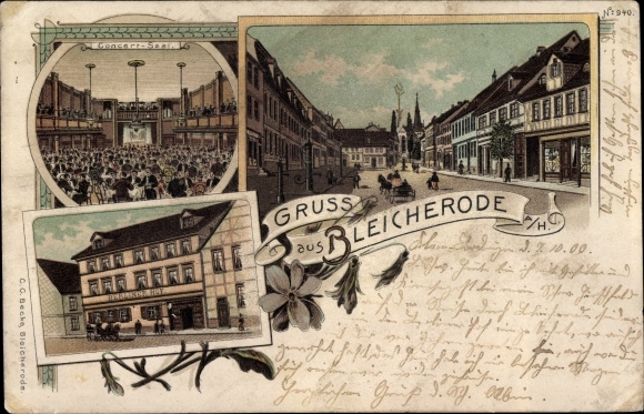 Litho Bleicherode am Harz, Berliner Hof, Konzertsaal, Straßenpartie