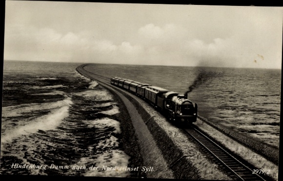 Ak Hindenburg Damm naar het Noordzee-eiland Sylt, stoomlocomotief