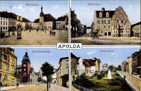 Postcard Apolda in the Weimarer Land Thuringia, market square, town hall, Bahnhofstrasse, Heidenberg