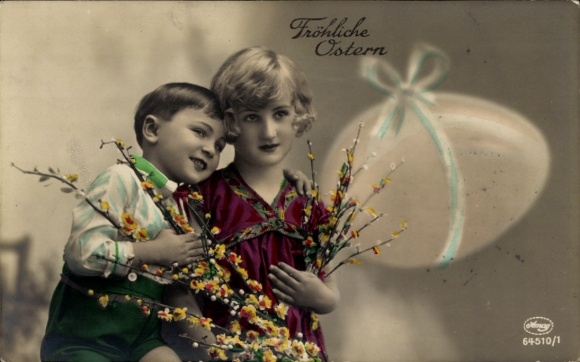 Greeting card Happy Easter, children, Easter egg with bow