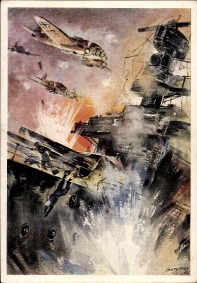 Artist Postcard Gotschke, Heinkel He 111 H-series, bombing attack on enemy warship, II. World War